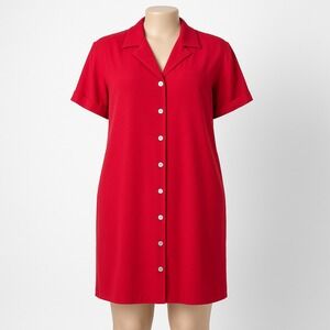 Vtg 100% Silk Red Shirt Dress Button Short Sleeve Midi 90s Y2K Office Valentines